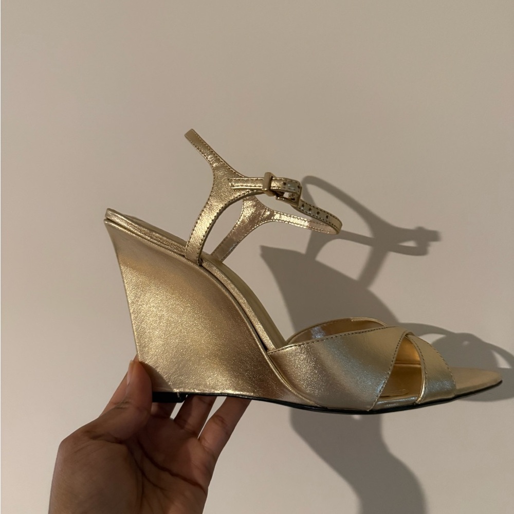 Schutz Metallic Gold T-Strap Wedge Sandal